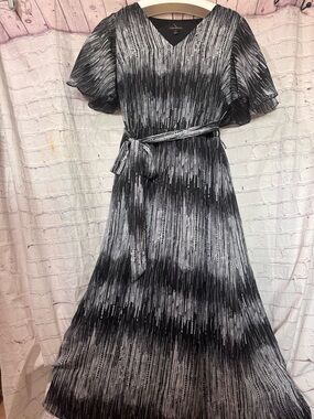 Lane Bryant Black & White V-Neck Maxi Dress with Tie Belt